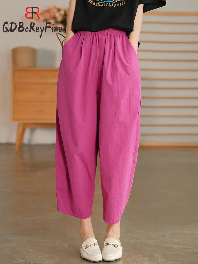 Women Summer Pants New High Waist Wide Leg Retro Cropped Trousers Casual Loose Baggy Cotton Linen Pants for Women Bottoms