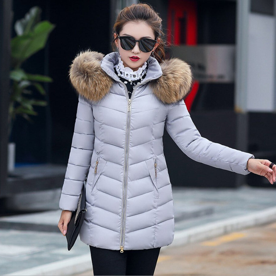Women's Down Jacket 2024 Winter Woman Korean Style Long Zipper Slim Coats Big Fur Collar Hooded Padded Parka Jacket Female 2020 Gray