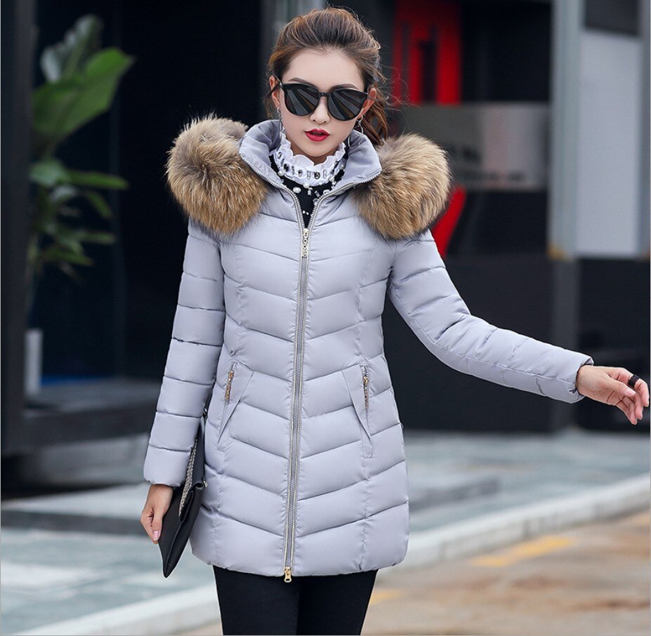 Women's Down Jacket 2024 Winter Woman Korean Style Long Zipper Slim Coats Big Fur Collar Hooded Padded Parka Jacket Female 2020 Gray