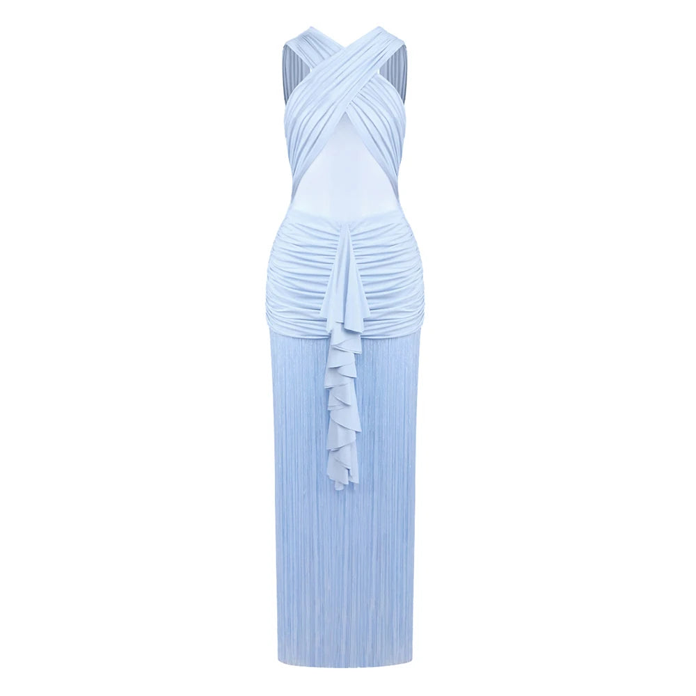 Sleek Light Blue Sleeveless Dress with Fringe Ruched Waist And Mesh Detail Soft Summer Vacation Gown for Women Blue