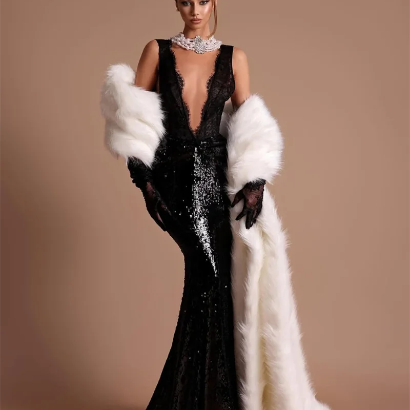 2025 Black Lace Patchwork Sequins Sexy V-Neck Mermaid Floor Length Dress Fashion Woman Party Dress Celebrity banquet Outfit black