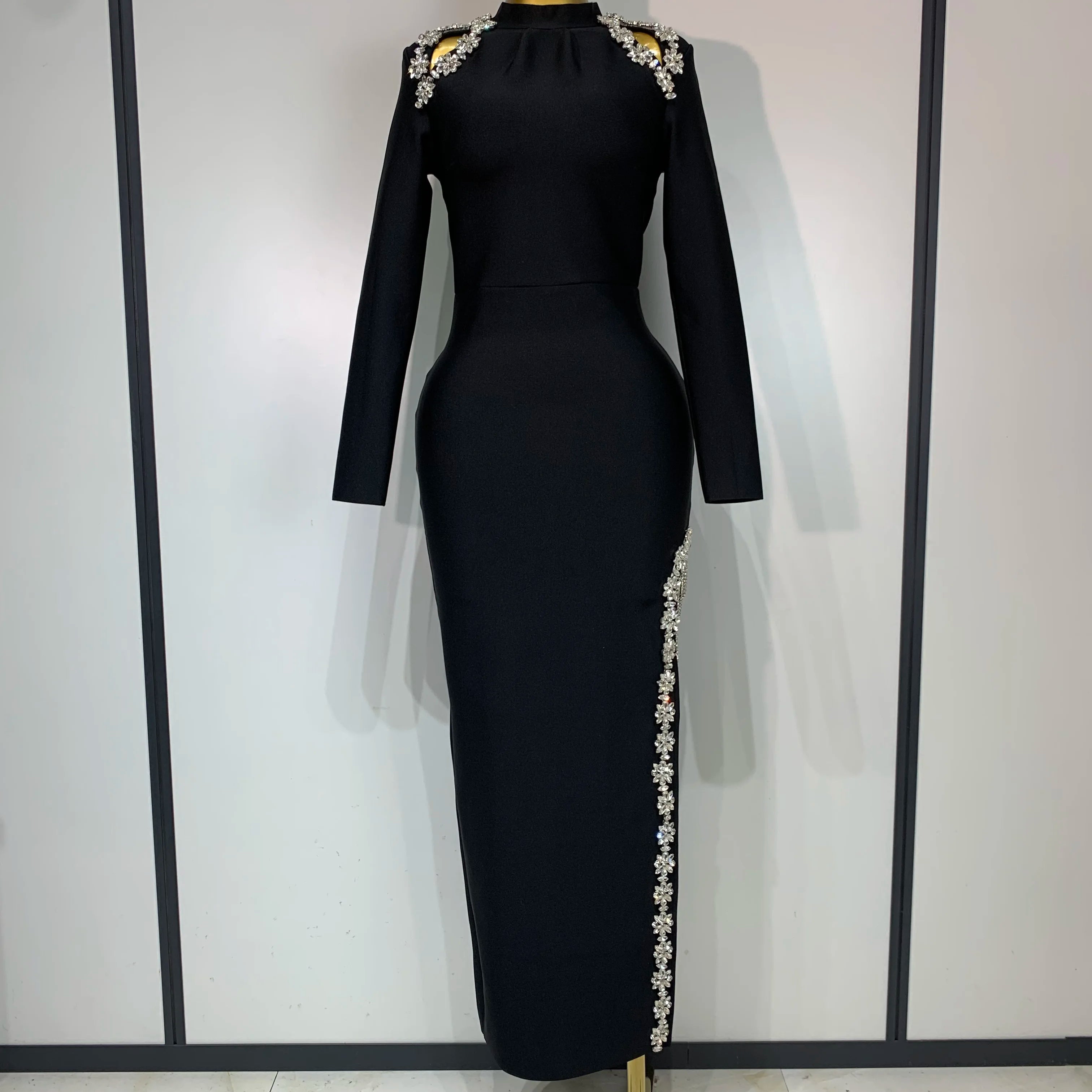 Women Long Sleeve Sexy Shinning Crystal High Split Bodycon Long Bandage Dresses Elegant Evening Party Birthday Cocktail Outfit black