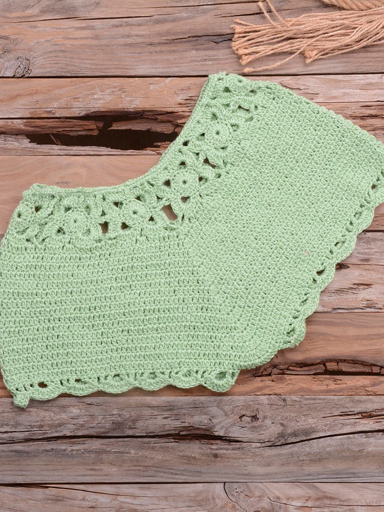 Bikini 2022 knitting Swimsuit Crochet Bikini Bohemia Style Off Shoulder High Neck Bathing Beach Bikinis Handmade Crochet Bikini Grass Green Bottom