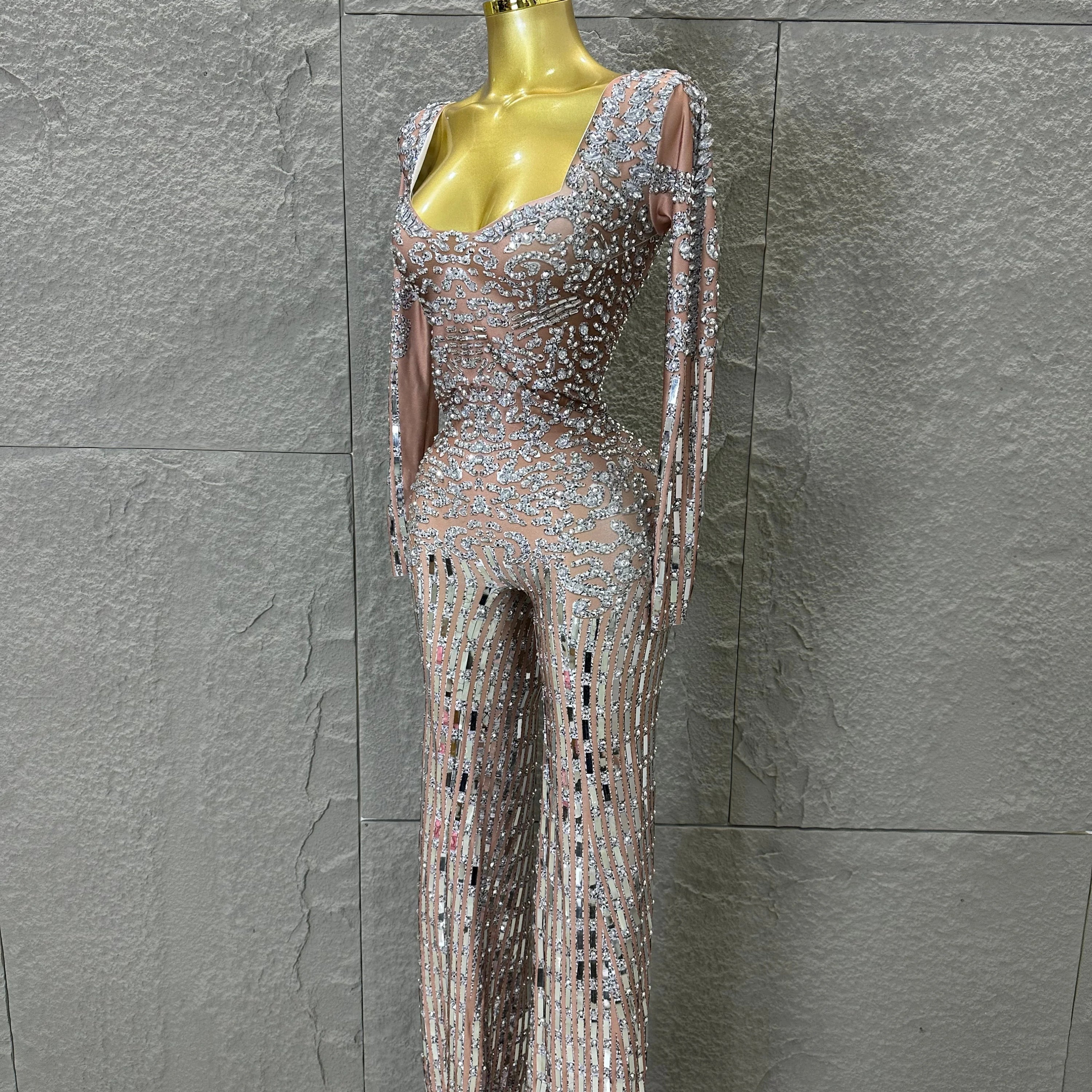 Silver Sheer Mesh Jumpsuit Women Sexy Sweetheart Neck Long Sleeve Full Crystal Skinny Outfit Stage Performance Costume