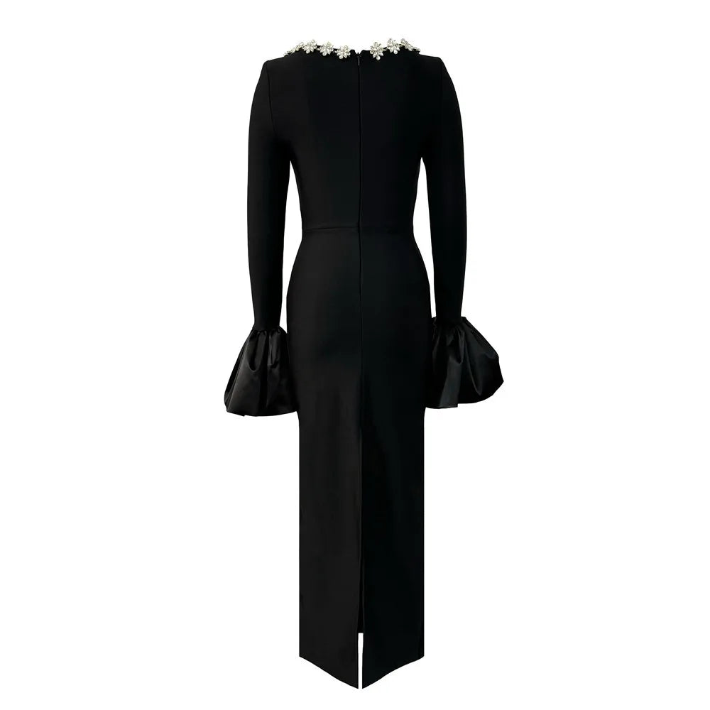 Women Long Sleeve Sexy Square Collar Shinning Crystal Bodycon Long Bandage Dress Celebrate Evening Party Outfit