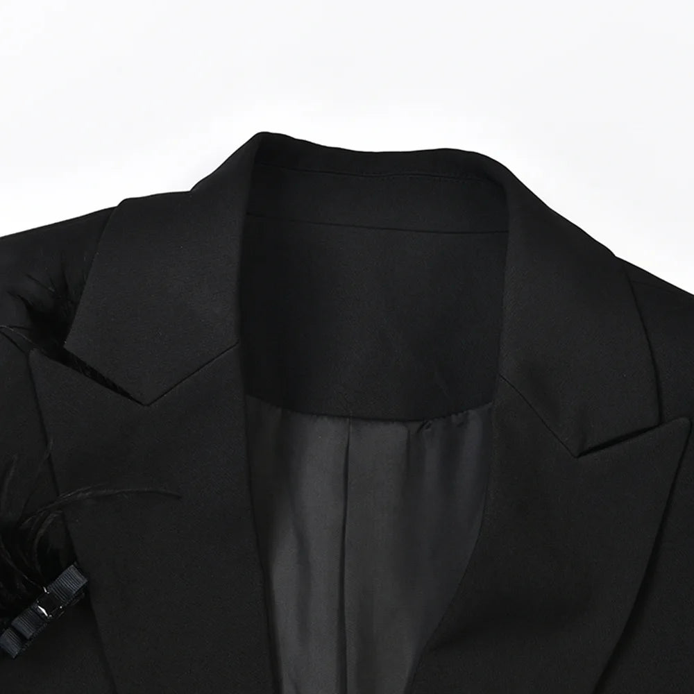 Solid Slimming Spliced Bead Feather Blazers for Women Lapel Long Sleeves Patchwork Button Blazer Female Fashion New