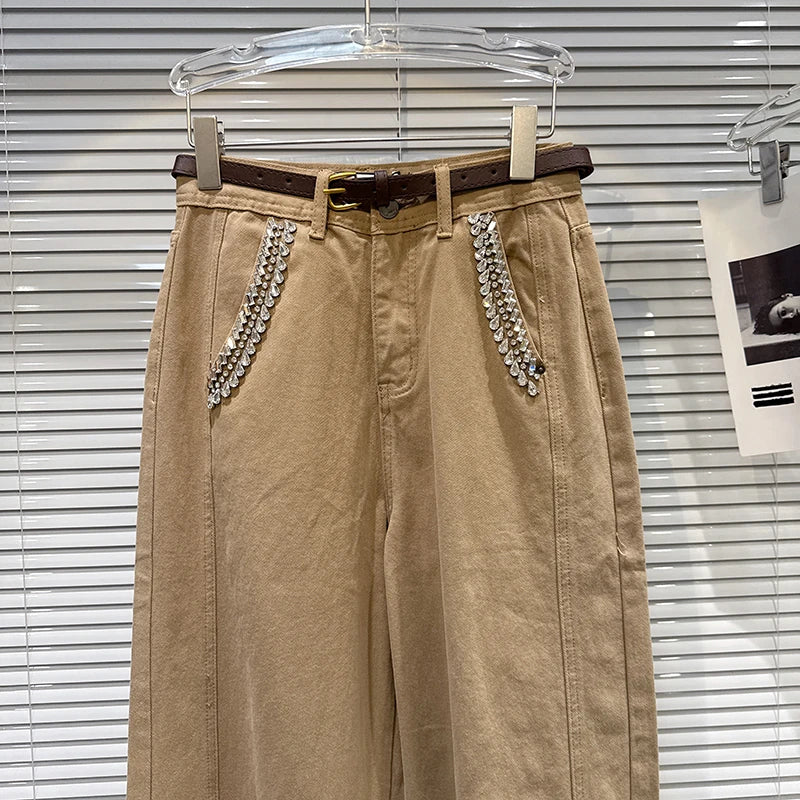DEAT 2026 Spring New Street Style Rhinestone Pocket Belt Design Loose Wide-Leg Jeans For Women Straight Denim Pants 11A07800