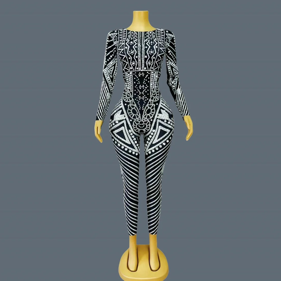 Fancy Sexy Black White Striped Printing Rhinestone Jumpsuit Bar Nightclub Stage Performance Bodycon Leggings for Women Mawenku as shown