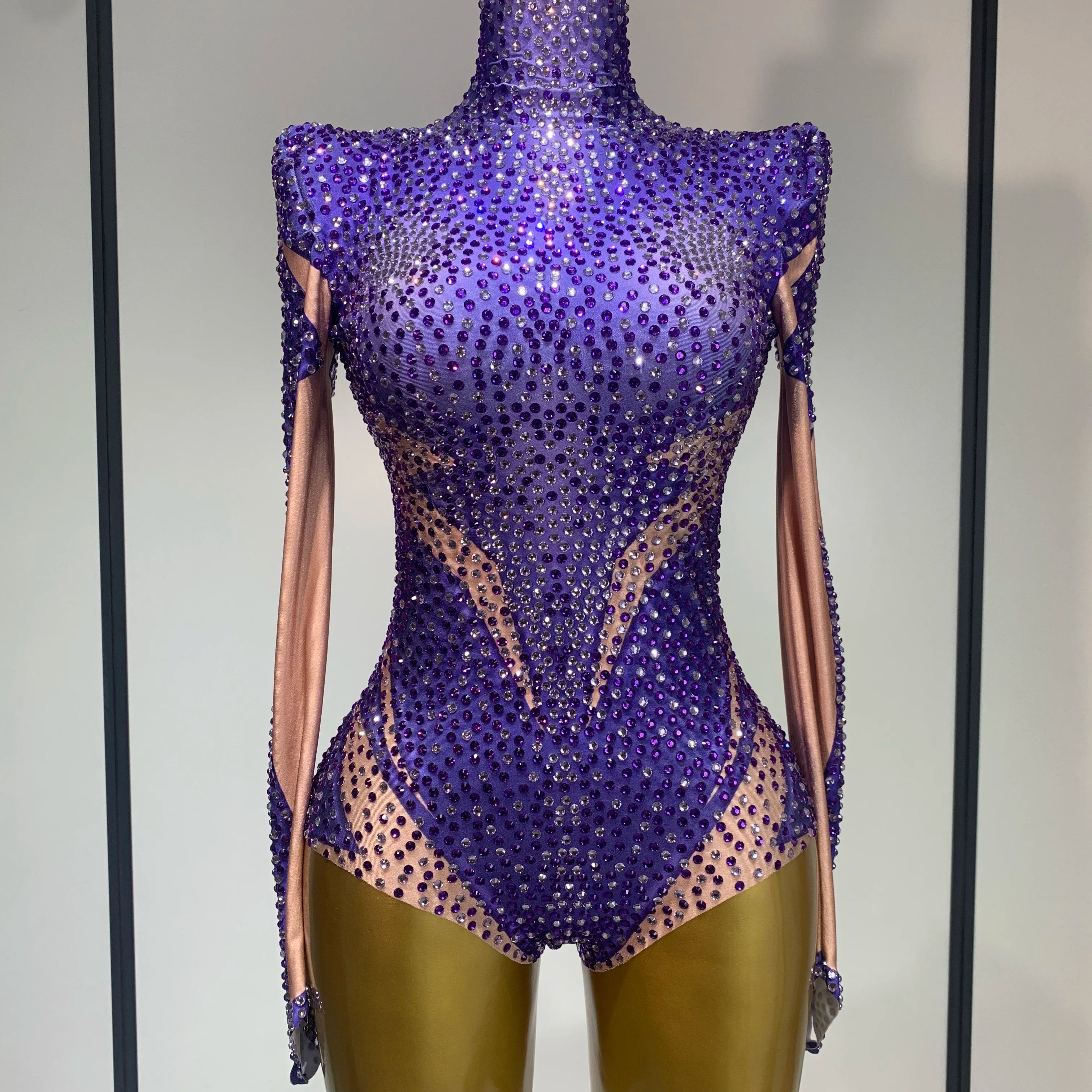 Luxury Rhinestone Elastic Long Sleeved Bodysuit 2025 Club Singer Dancer Stage Performa Costume Evening Party Outfit PURPLE