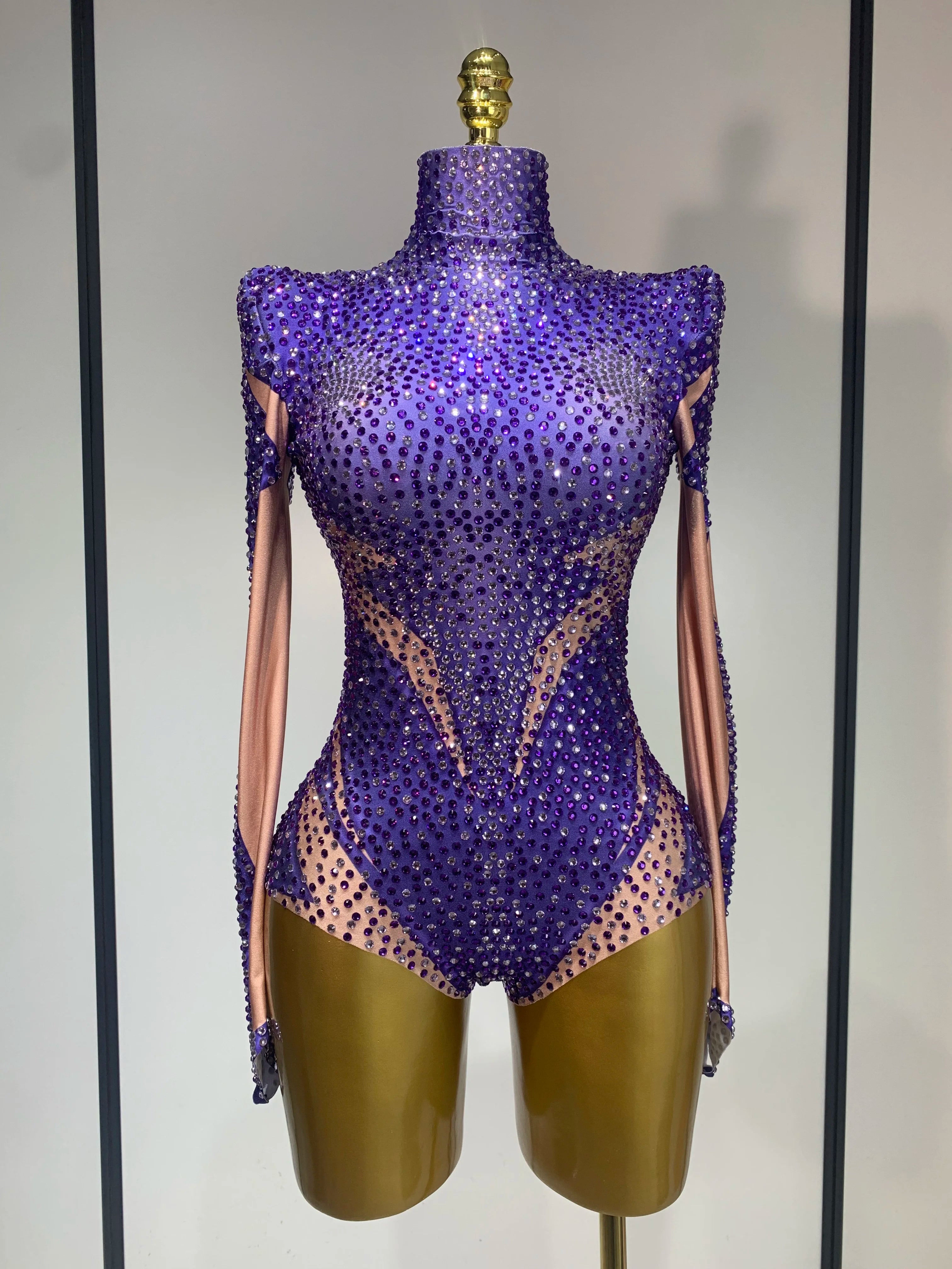 Luxury Rhinestone Elastic Long Sleeved Bodysuit 2025 Club Singer Dancer Stage Performa Costume Evening Party Outfit PURPLE