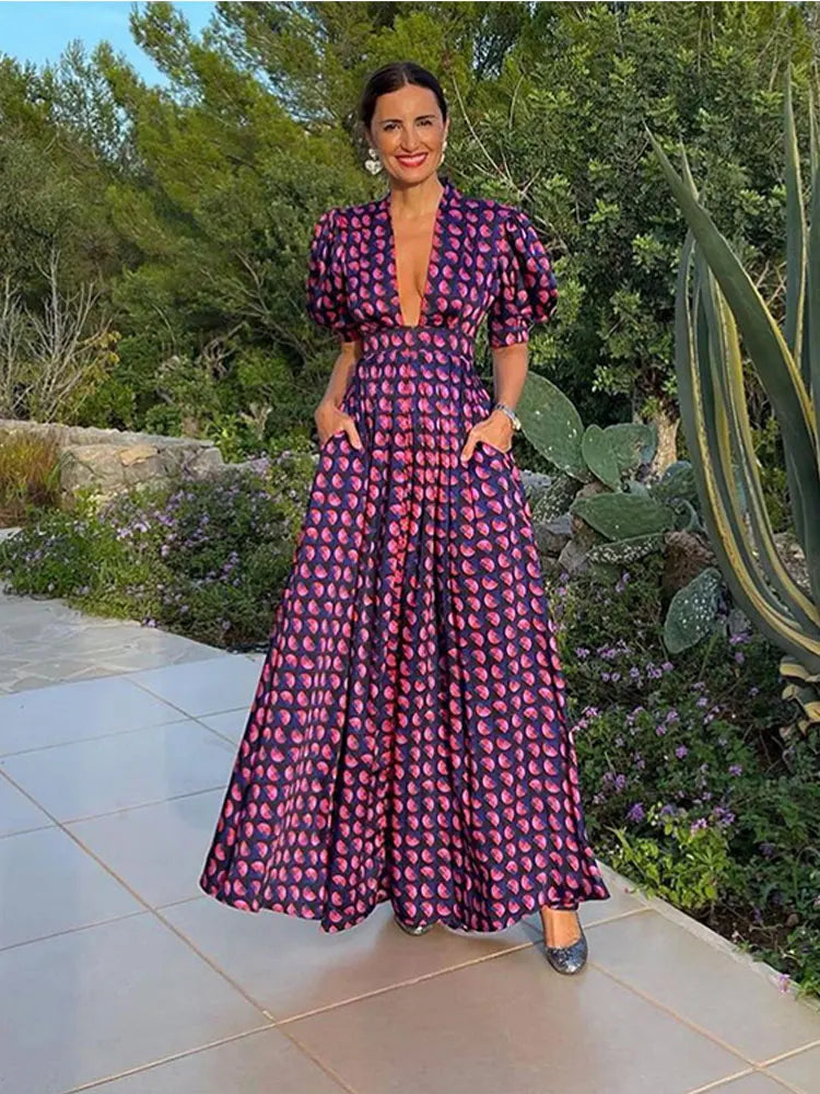 Fashion Deep V-neck Printed Pockets Long Dresses For Women Elegant Short Sleeved A-line Dresses Summer Female Party Evening Robe Beige