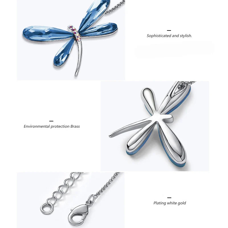 Cute Pink Blue Dragonfly Pendant Necklace for Women Girls Real Austrian Crystals Animal Necklaces Fashion Jewelry Free Shipping