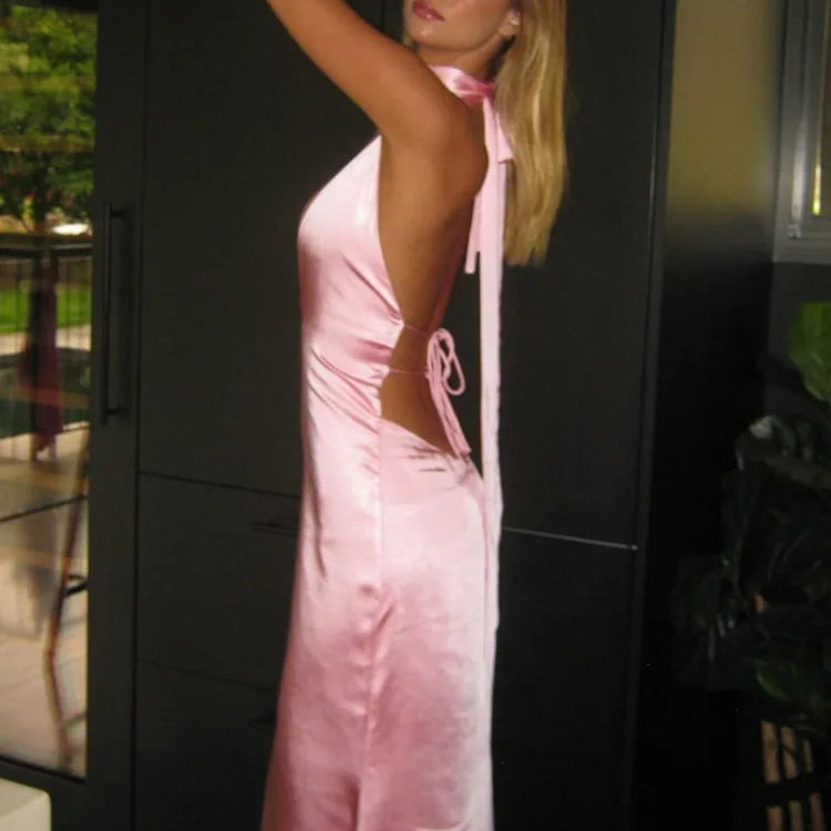 Articat Sexy Sleeveless Satin Open Back Dress For Women Deep V Lace Up Slim Fit Evening Dress Female Elegant Party Club Vestidos