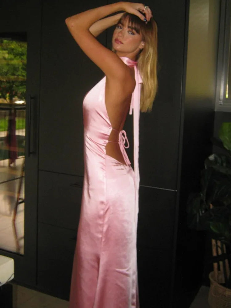 Articat Sexy Sleeveless Satin Open Back Dress For Women Deep V Lace Up Slim Fit Evening Dress Female Elegant Party Club Vestidos