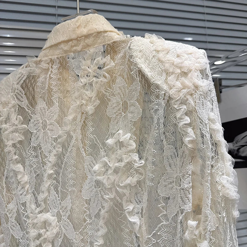 Winter New Fashion Pleated Lace Embroidery Shoulder Pad Long Sleeve Lapel Shirt For Women Blouse Female 11A07582