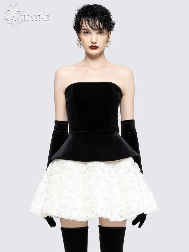 Vintage Glam Party Three-Pieces Strapless Mini Dress Outfit Black Velvet Bustier & White Floral Skirt