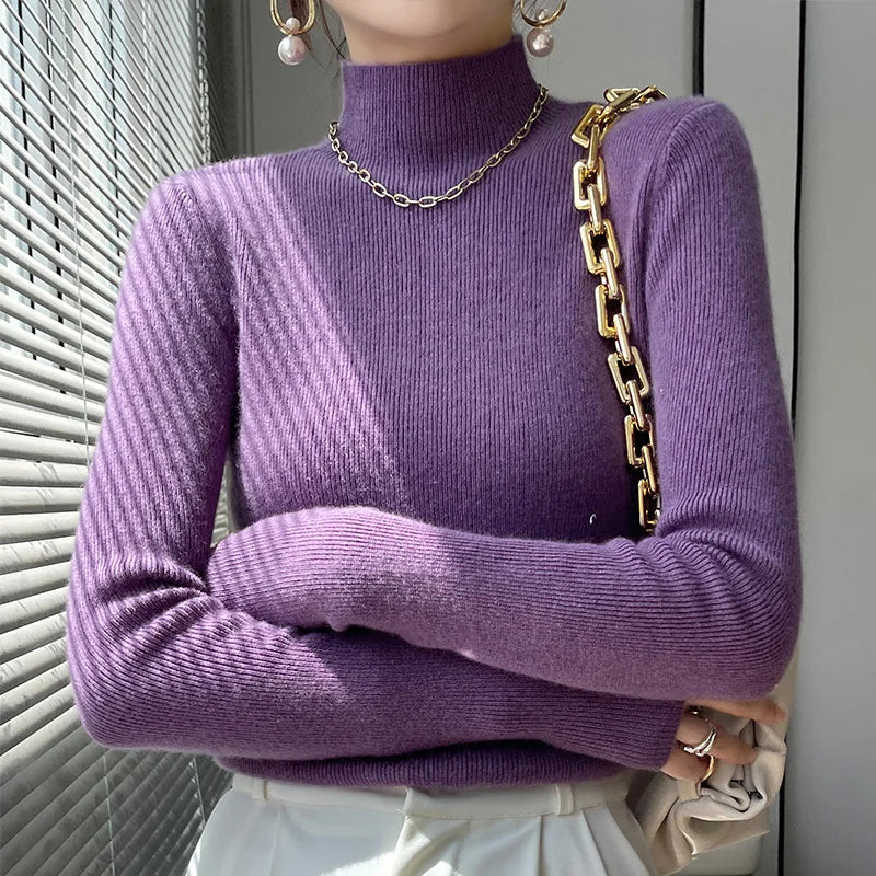 2022 Autumn and Winter Women's Cashmere Sweater Pullover Half Turtleneck Casual Fashion Pure Color Warmth Comfort purple