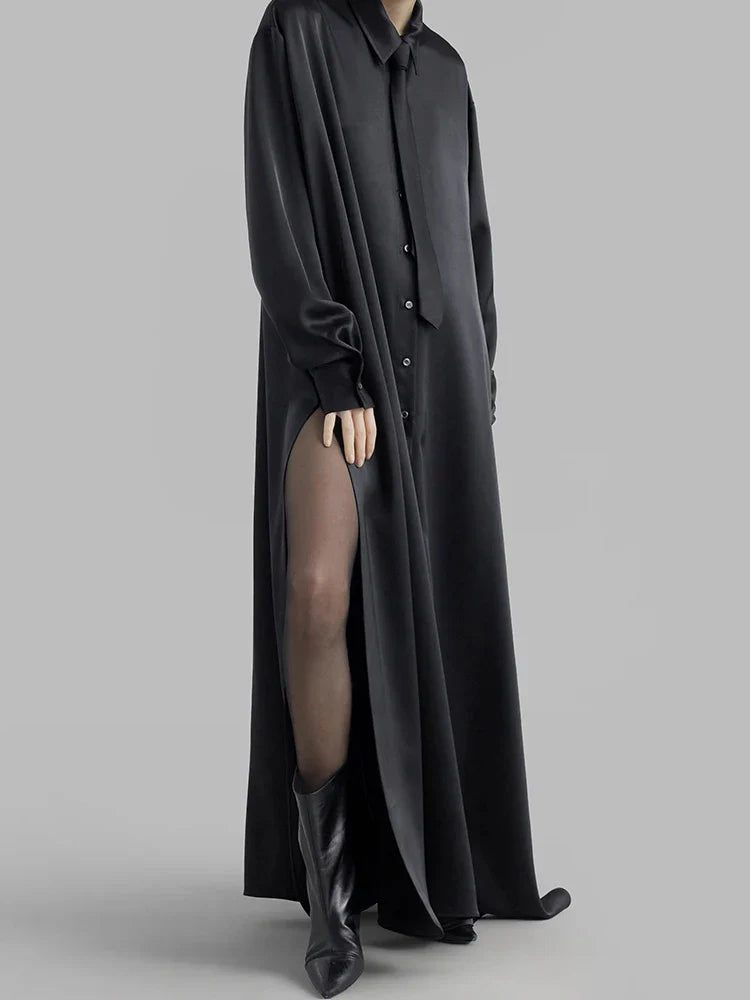 Solid Minimalist Split Dresses For Women Lapel Long Sleeve High Waist Patchwork Single Breasted Loose Dress Female