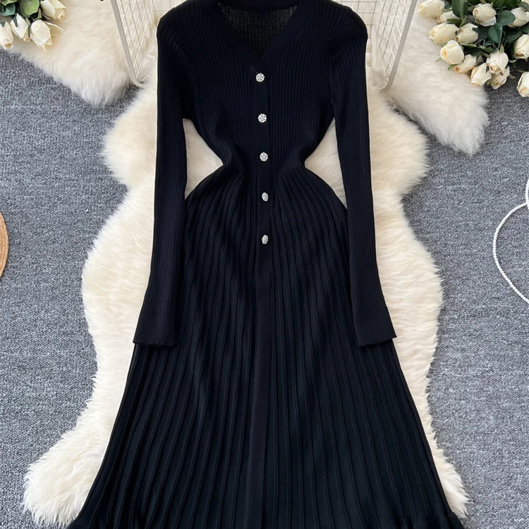 SINGREINY Autumn Knitting Sweater Dress Ladies V-Neck Single Breasted Full Sleeve Soft Slim Senior Knitted Casual Long Dress black One Size