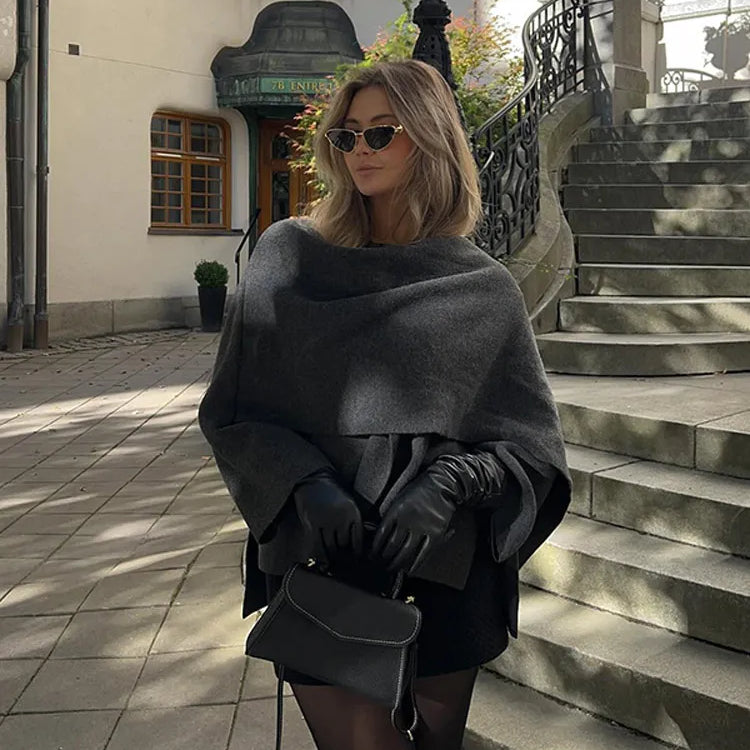 New Fashion Scarf Collar Woolen Jackets For Women Elegant Long Sleeved Side Split Casual Coats Female Chic Autumn Overcoats