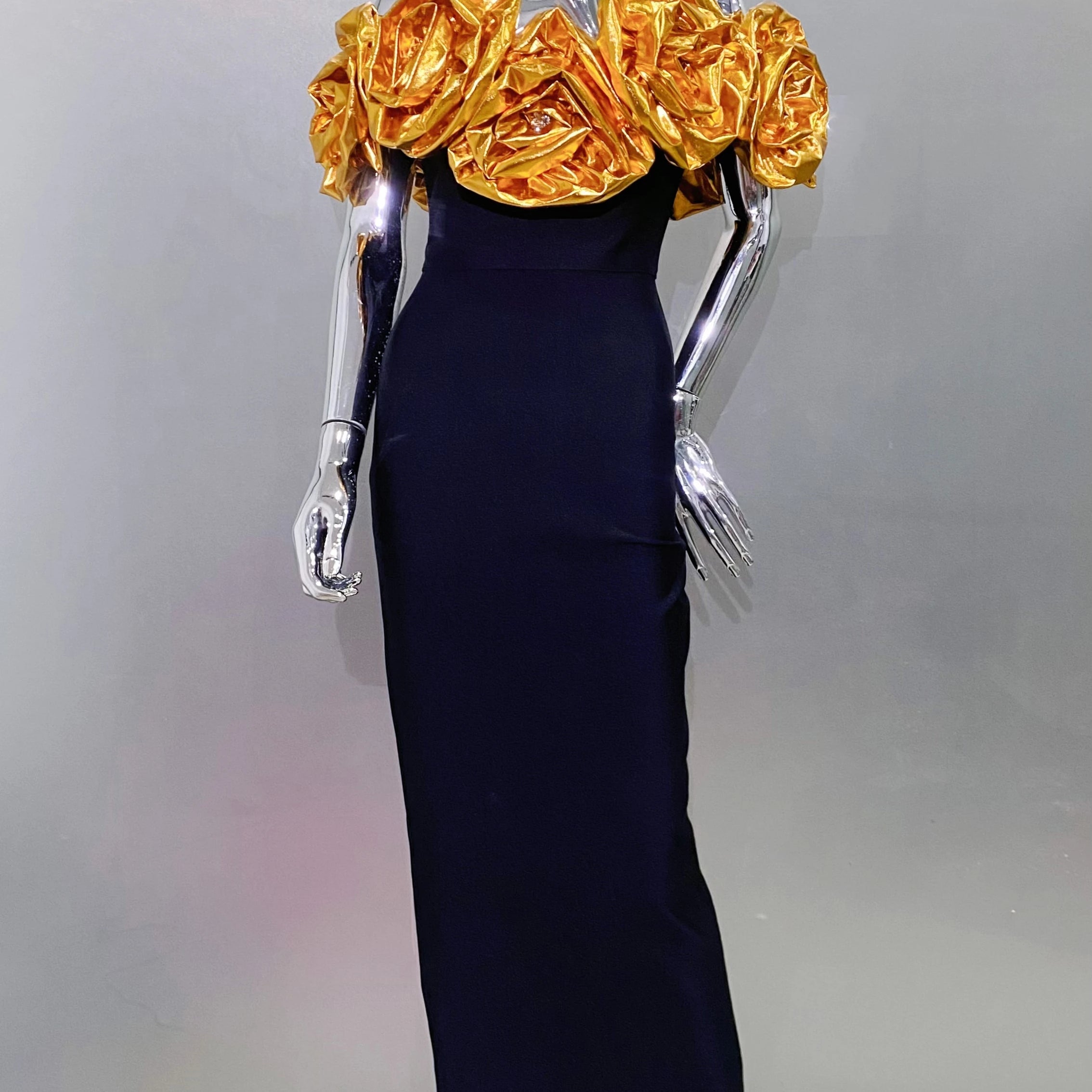 Stereoscopic Gloden Flowers Sexy Off The Shoulder Ankle Lenght Bandage Dress Woman Birthday Party Vestido Wedding Party Outfit Golden Flower