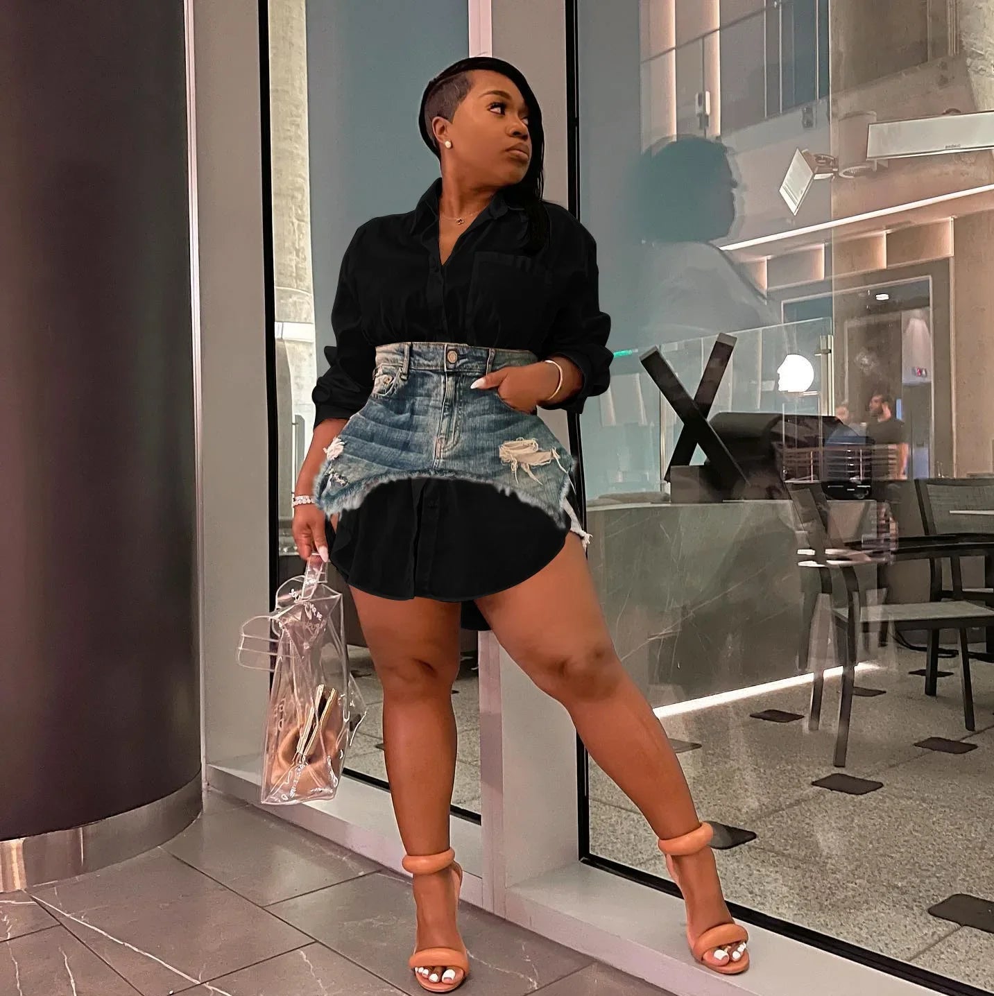 Vintage Women Long Sleeve Turn-down Collar Shirt Blouse Style Dress with Denim Jean Irregular Mini Skirt Two 2 Piece Set black