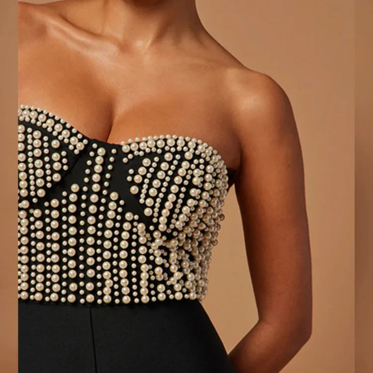 Celebrity Women Luxury Sexy Strapless Pearl Black Bodycon Bandage Jumpsuit 2025 Celebrity Designer High Street Rompers