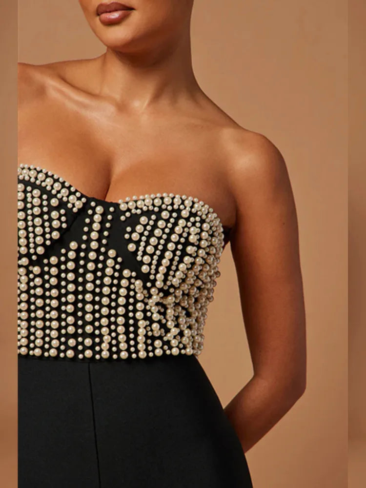 Celebrity Women Luxury Sexy Strapless Pearl Black Bodycon Bandage Jumpsuit 2025 Celebrity Designer High Street Rompers