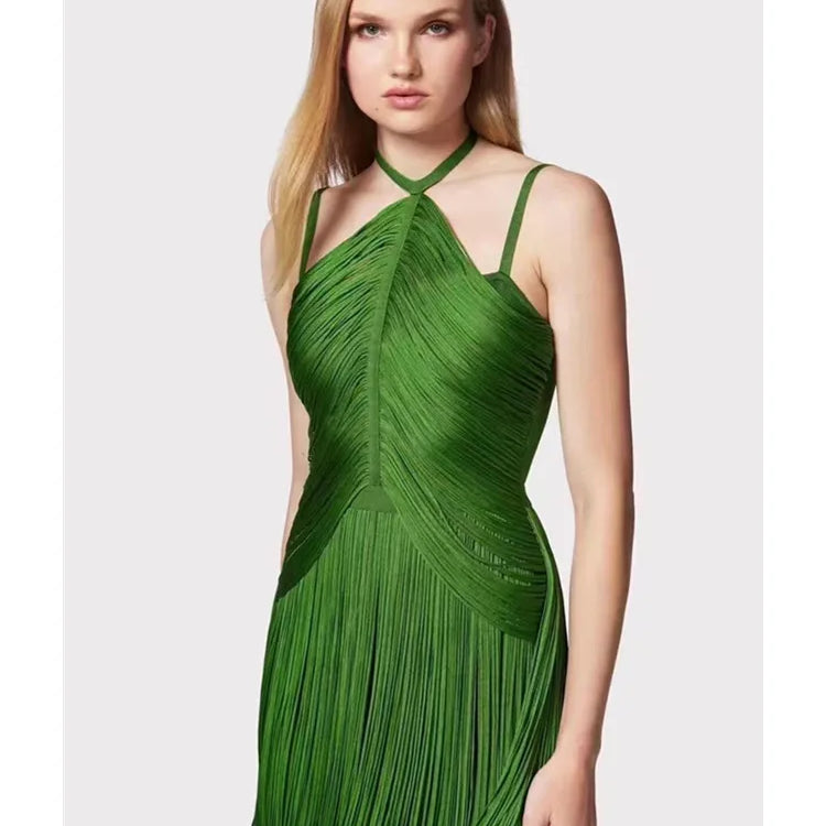 Women Celebrity Luxury Sexy Backless Tassel Green Ankle Length Bodycon Bandage Dress Elegant Evening Club Party Outfit