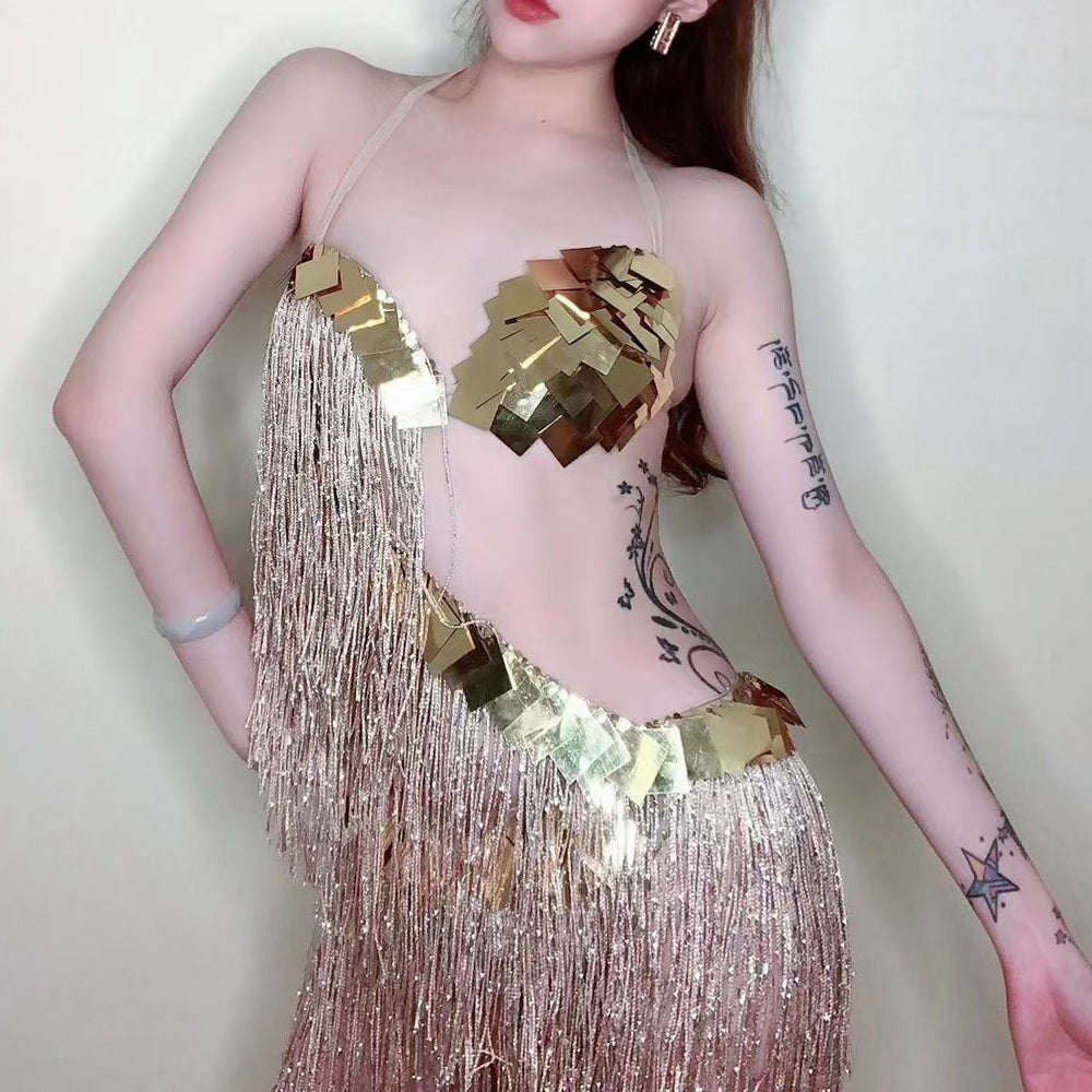 Sparkly Gold Sequins Fringes Dress Women Nightclub Tassel Dance Costume Stage Wear Birthday Outfits Sexy Pole Dance Clothing