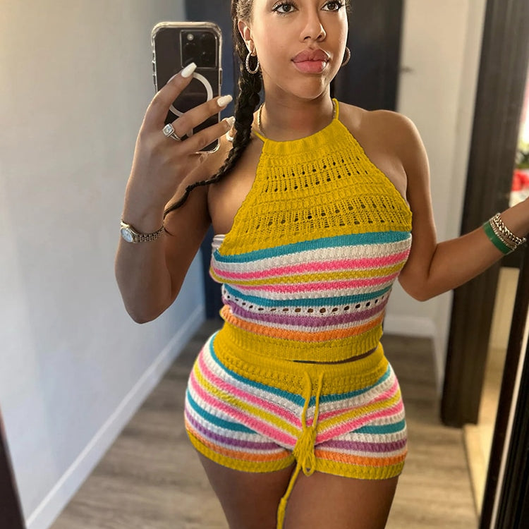 Wishyear Sexy Backless Halter Crop Top and Shorts Suit Two Piece Sets for Women Tracksuit Knitted Crochet Co Ord Summer Outfits Yellow