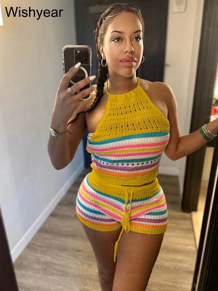 Wishyear Sexy Backless Halter Crop Top and Shorts Suit Two Piece Sets for Women Tracksuit Knitted Crochet Co Ord Summer Outfits Yellow