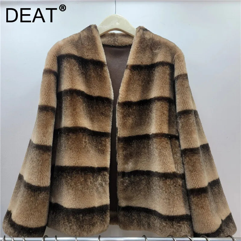 Winter New Fashion High-End V-Neck Faux Mink Fur Coat For Women Loose Contrast Color Short Warm Jacket Female 11A07841