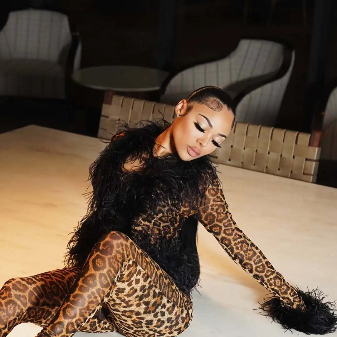 Fashion Mesh See Though Women's Set Feather Side Long Sleeve Crop Top and Legging Pants 2025 Sexy Two 2Piece Sets Outfit Brown