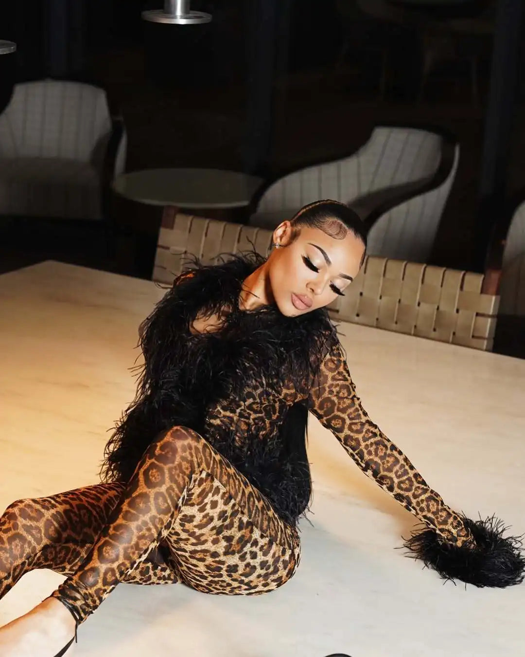 Fashion Mesh See Though Women's Set Feather Side Long Sleeve Crop Top and Legging Pants 2025 Sexy Two 2Piece Sets Outfit Brown