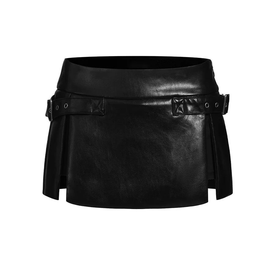 Lautaro Spring Autumn Sexy Shiny Black Soft Pu Leather Micro Mini Skirt Women with Side Slit Belt Low Waist Sexy Clothes 2025