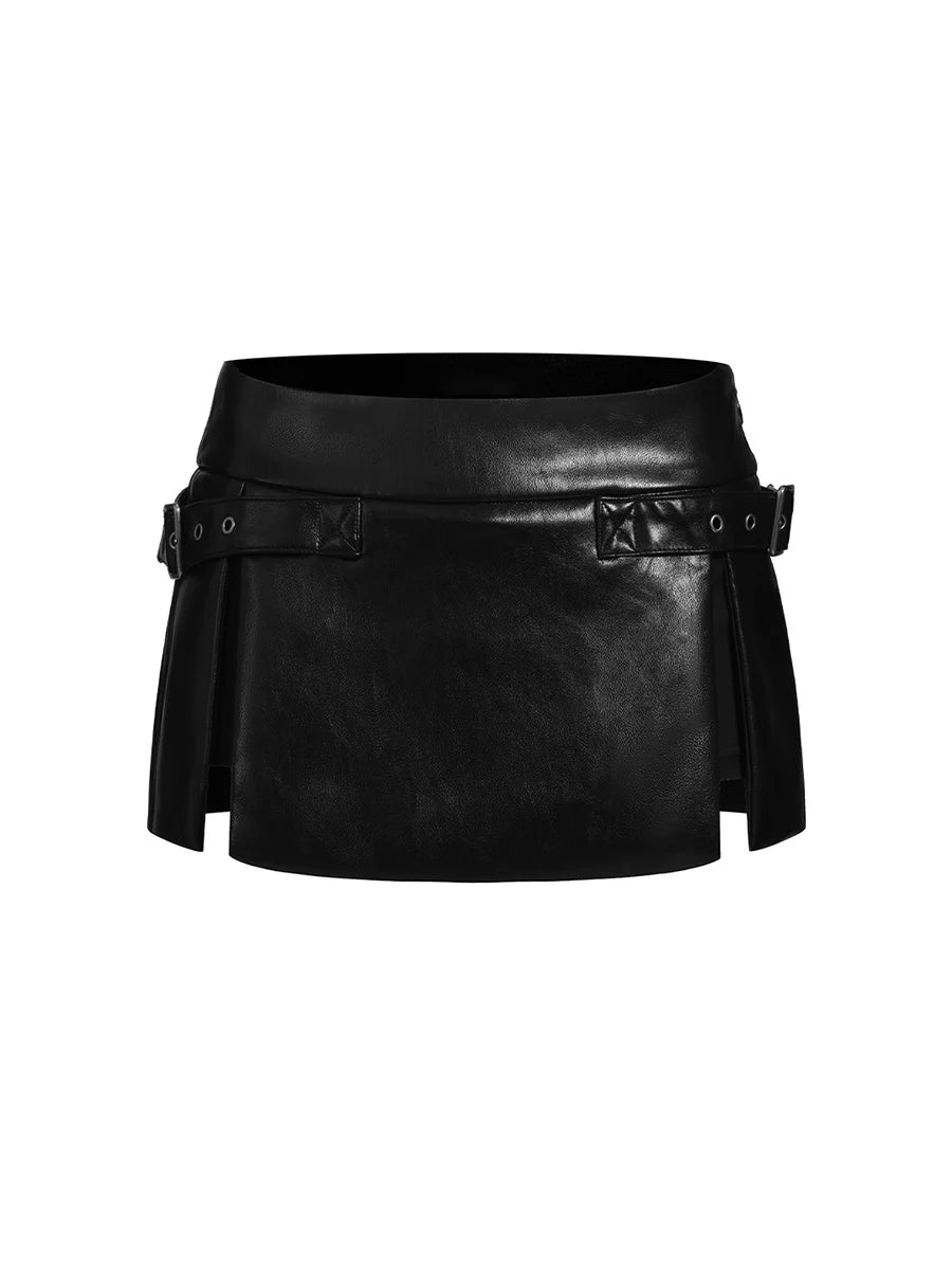 Lautaro Spring Autumn Sexy Shiny Black Soft Pu Leather Micro Mini Skirt Women with Side Slit Belt Low Waist Sexy Clothes 2025