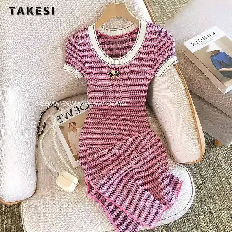 Women Short Sleeve Round Neck Striped Luxury Sheath Mini Dresses Summer Patchwork High Waist Slim Fit Knitting Dress