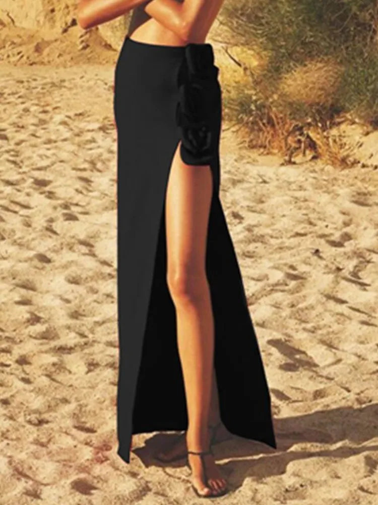 Summer Women Black Red Flower Bodycon Bandage Skirt Designer High Waist Party Office Lady Elegant Split Skirt black