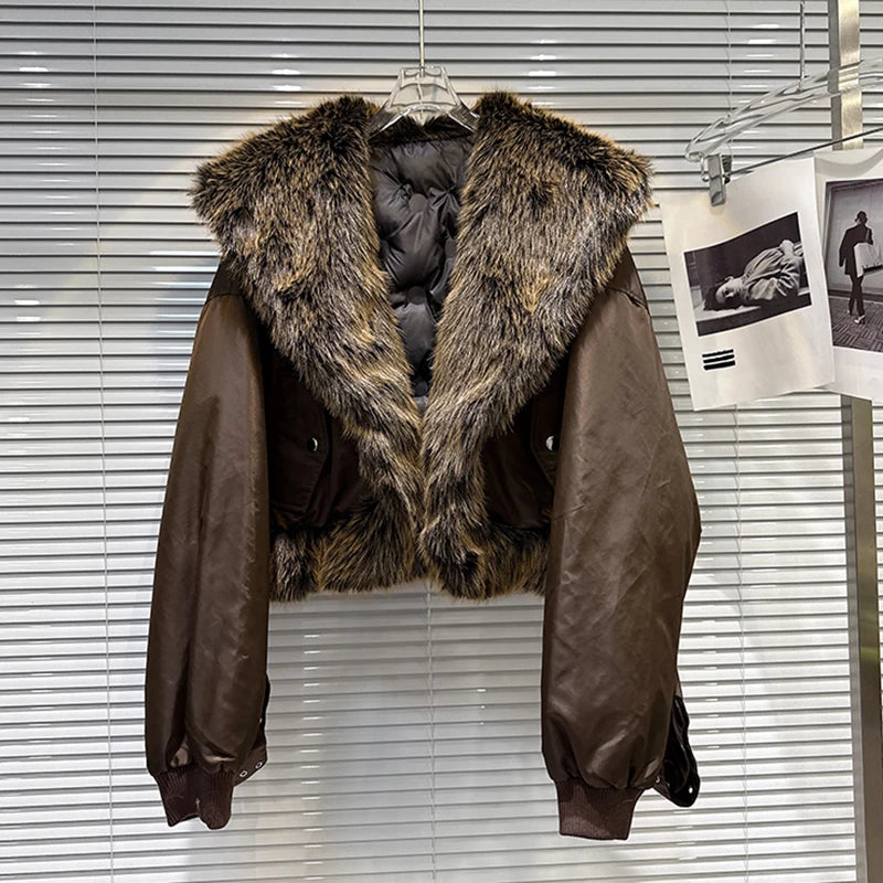 Winter New Trendy Fashion Big Fur Collar Motorcycle Style Warm Jacket For High Quality Cotton-padded Coat 11A07509 Brown