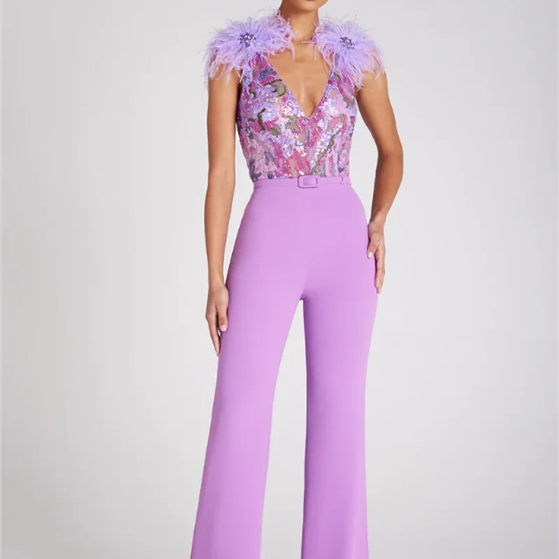 Gorgeous Feathers Shining Sequins Sexy V-Neck Sleeveless Violet Jumpsuit Graceful Woman Evening Party Outfit