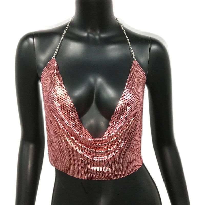 Women 2024 Sexy Metal Sequined Tank Camis Summer Gold Silver Backless Cropped Glitter Beach Club Show Wear Tank Tops Pink 25 cm One Size