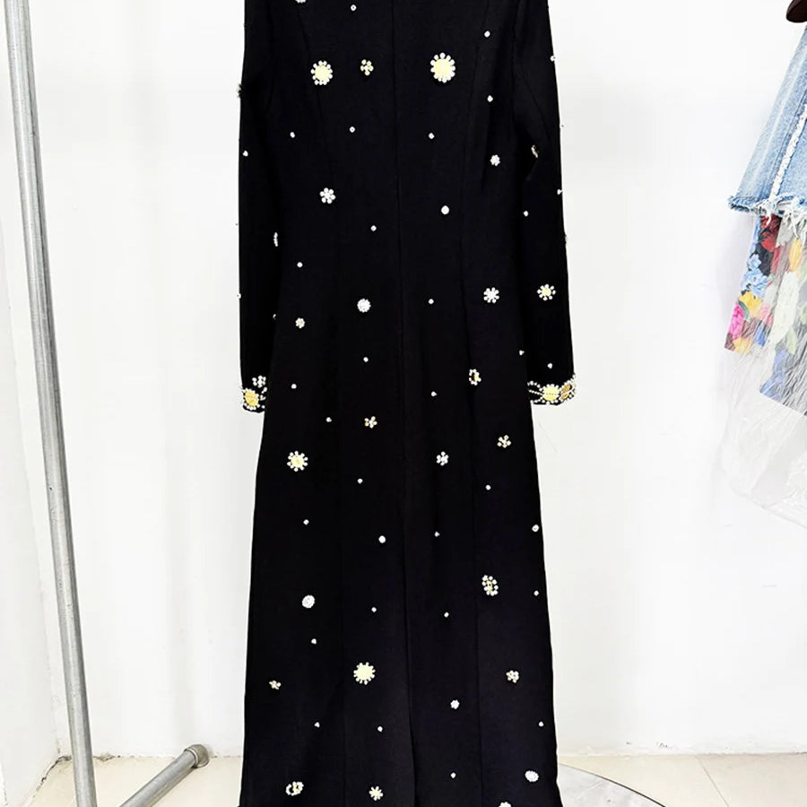 Hit Color Spliced Bead Luxurious Dresses for Women Round Neck Long Sleeve Patchwork Wave Point Elegant Dress Female