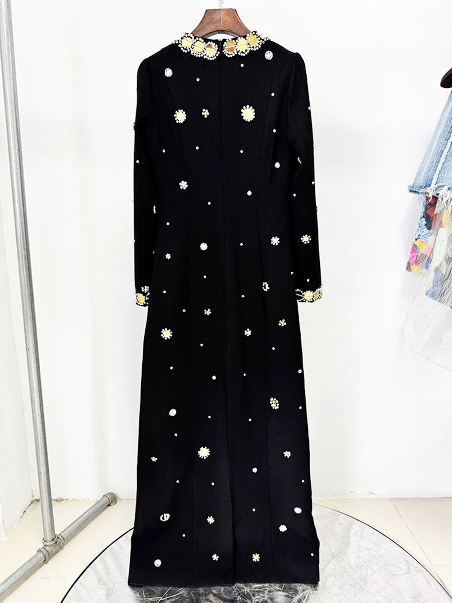 Hit Color Spliced Bead Luxurious Dresses for Women Round Neck Long Sleeve Patchwork Wave Point Elegant Dress Female