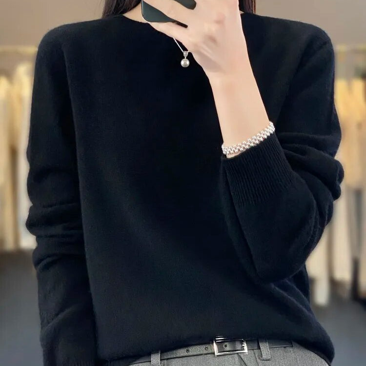 Women 100% Pure Merino Wool Knitted Sweater Autumn Winter Fashion O-Neck Top Cashmere Warm Pullover Seamless Jumper Clothes Black