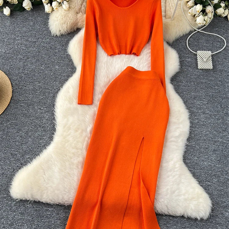 SINGREINY Autumn Sweater Two Pieces Suits Long Sleeves Knit Top+ Elatic Waist Slim Split Long Skirt Sets Women Warm Knitted Suit orange One Size