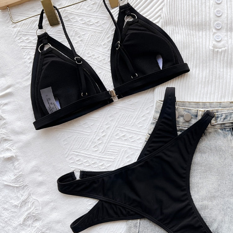 Sexy Solid Strapped Bikini High Cut Push UP Hollow Swimsuit - Swimwear Biquinis Backless Beach Bathing Suit