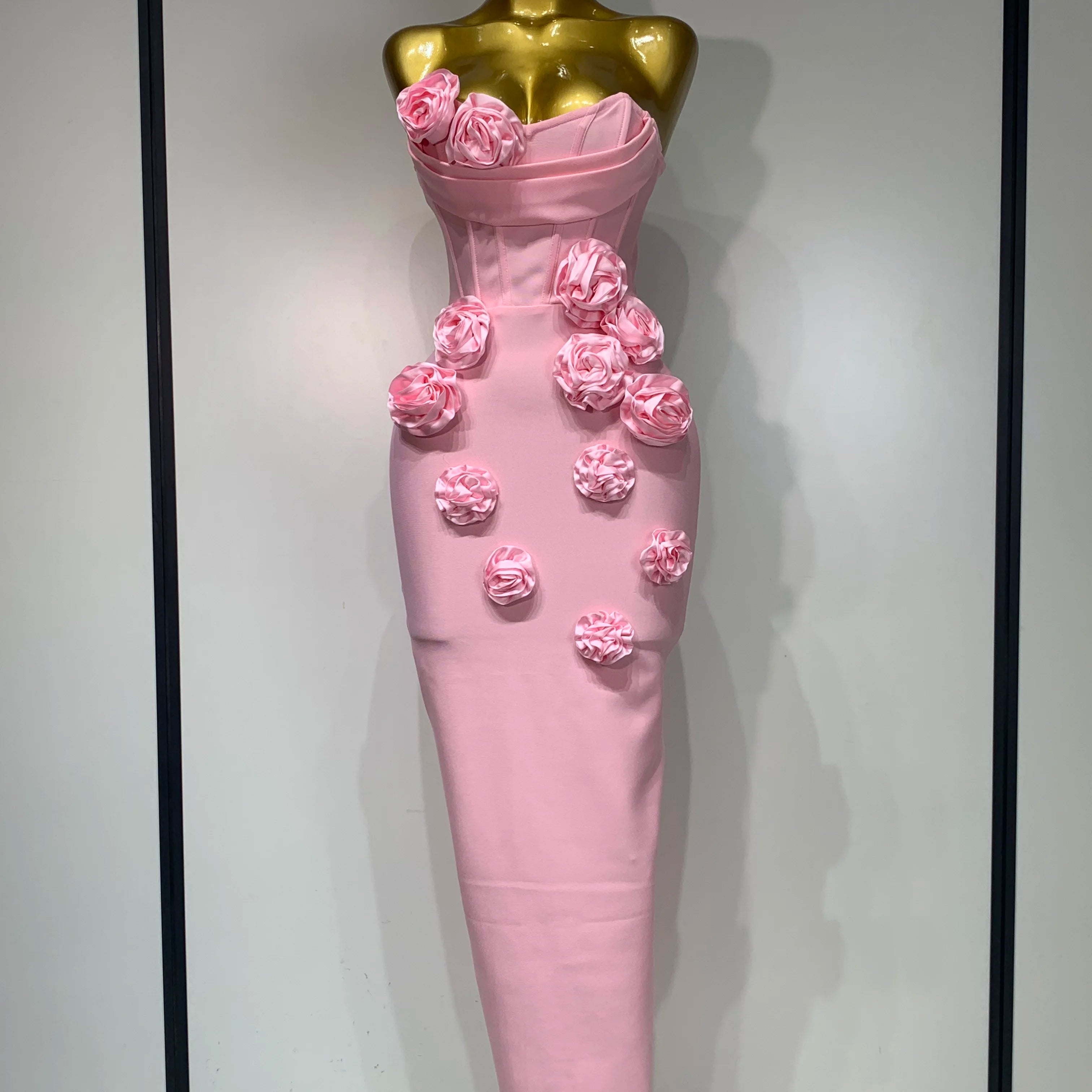2025 Newest Women Sexy Strapless Backless Red Flower Midi Bandage Dress Celebirty Elegant Evening Club Party Birthday Dresses Pink