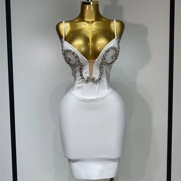 Women Sexy Spaghetti Strap V Neck Crystal Sleeveless Bandage Dress White Elegant Evening Party Cocktail Luxury Birthday Gowns