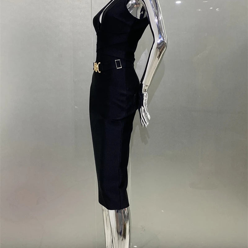 Women Sleeveless Sexy V-Neck Bodycon Midi Bandage Dress Fashion Celebrate Nightclub Party Birthday Dress
